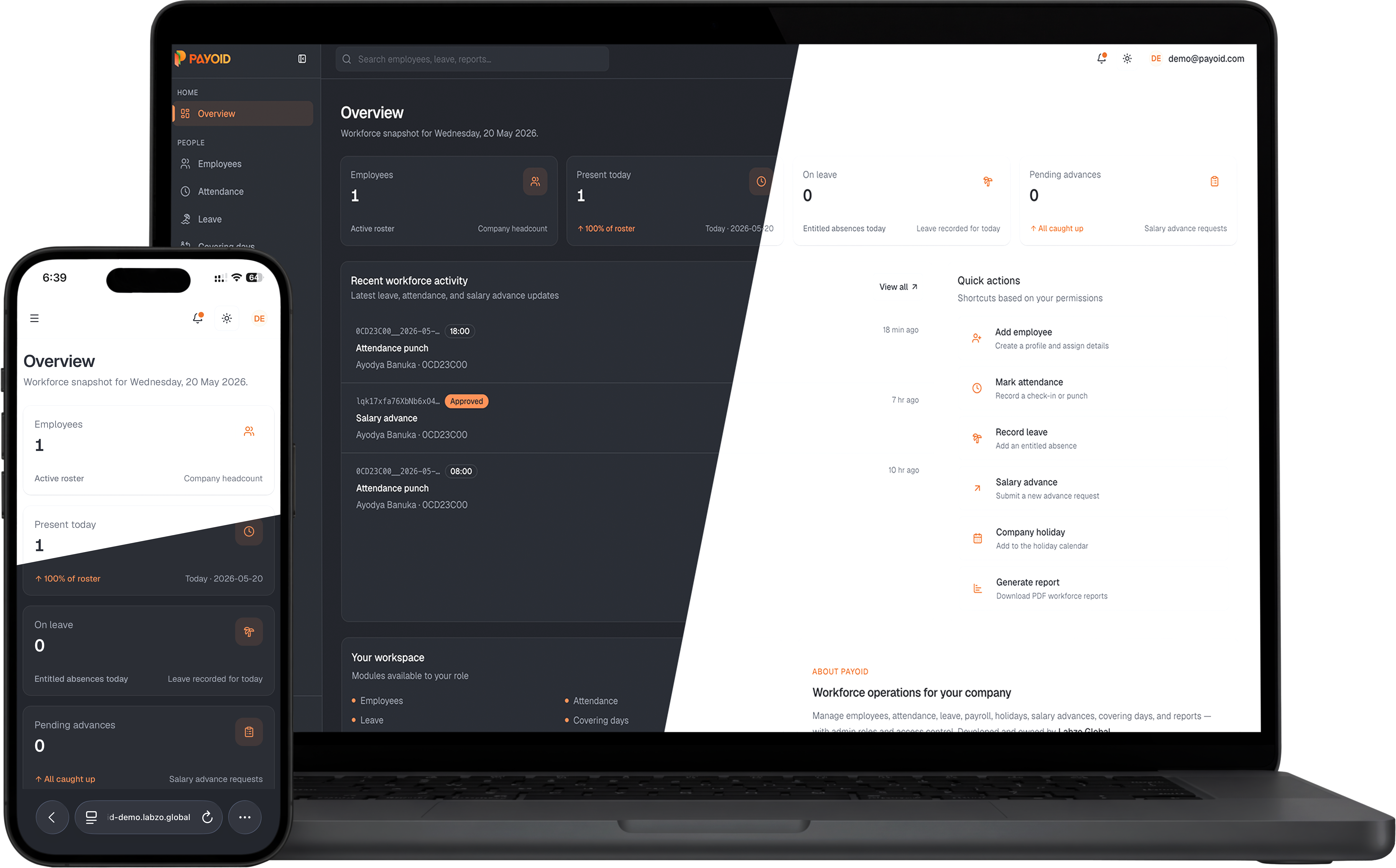 Payoid light and dark theme preview on desktop and mobile